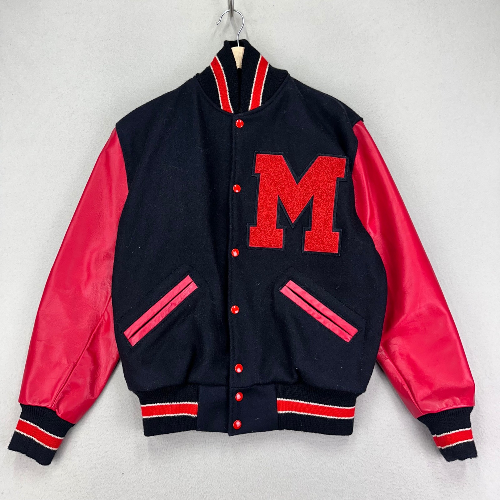 Vintage Varsity Jacket Size 40 Red/Black Wool/Leather 70s Letterman Nelsons Usa